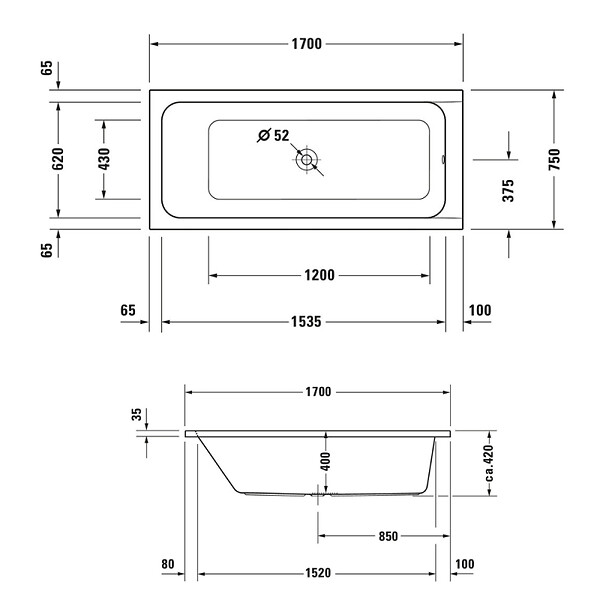DURAVIT - Baignoire droite 170x75 D-Code bonde au centre - large