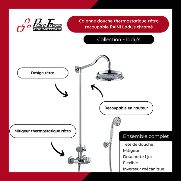 PAINI FRANCE - Colonne douche thermostatique rétro recoupable Paini Lady's Chrome - large