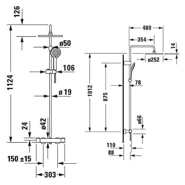 DURAVIT - Colonne de douche thermostatique MinusFlow doré poli - large