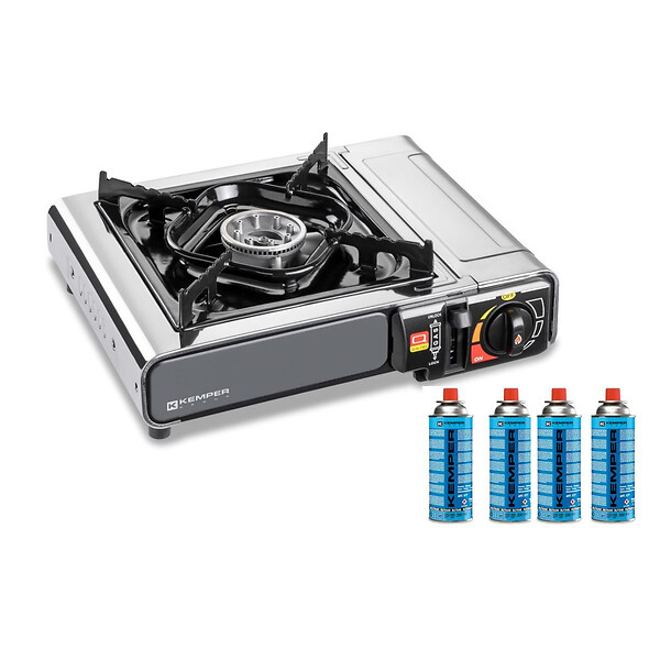 KEMPER - Réchaud à gaz portable 2200W INOX + 4 cartouches de gaz + Malette de transport Cuisson Extérieure Camping Van Trek KEMPER - large