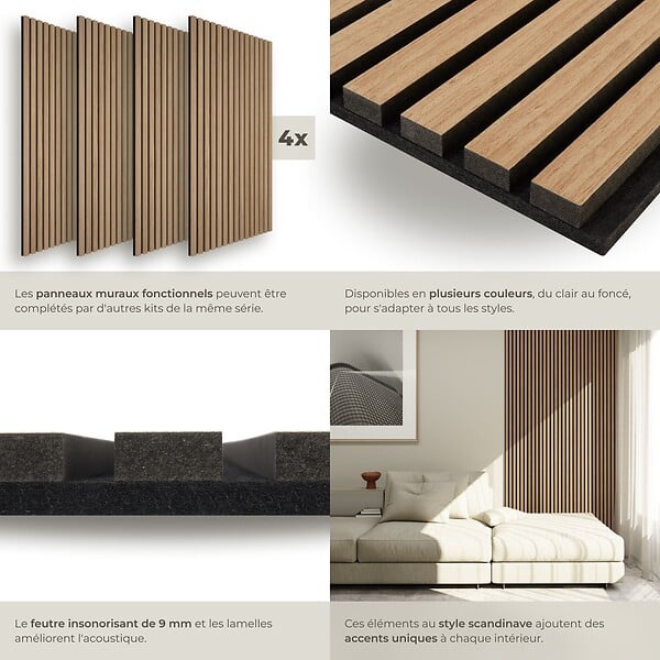 TECTAKE - ensemble 4 panneaux acoustiques en mdf en bois chêne marron 120x60x2 cm décor scandinave - large