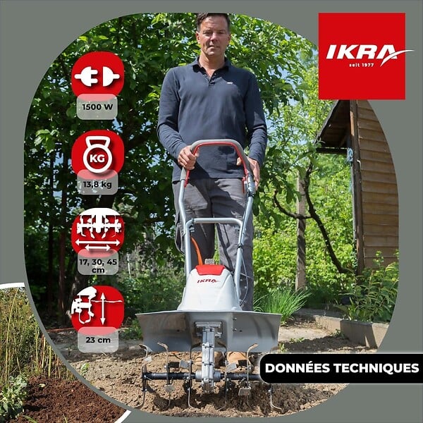 IKRA - Motobineuse électrique 1500W Largeur de travail 17-45cm 6 fraises - Profondeur de travail 23cm - Préparation sol jardin IKRA - large