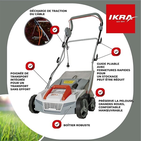 IKRA - Scarificateur Démousseur électrique 1800W Profondeur de travail 23cm Bac à herbe 40L Aérateur de pelouse Entretien gazon IKRA - large