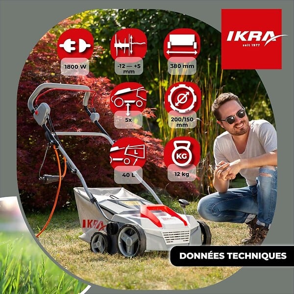 IKRA - Scarificateur Démousseur électrique 1800W Profondeur de travail 23cm Bac à herbe 40L Aérateur de pelouse Entretien gazon IKRA - large