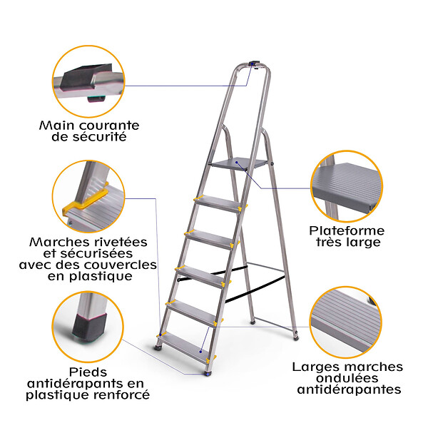 HOSTRÃ–M - Escabeau 6 marches DURA pliable, marchepied léger en aluminium, hauteur plateforme 119cm, pieds antidérapants, charge 150kg, garantie 5 ans Hoström - large