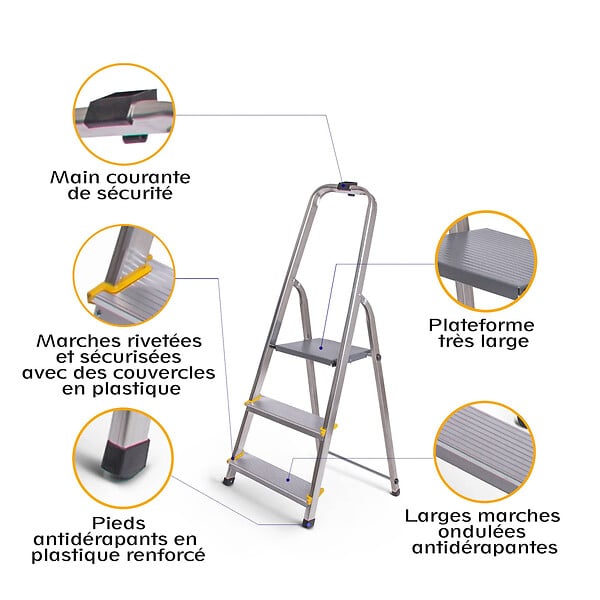 HOSTRÃ–M - Escabeau 3 marches DURA pliable, marchepied léger en aluminium, hauteur plateforme 54cm, pieds antidérapants, charge 150kg, garantie 5 ans Hoström - large