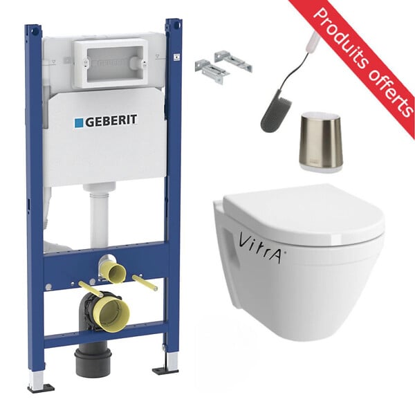 GEBERIT - Pack WC Bati-support Geberit Duofix + WC Vitra S50 + Abattant softclose + Plaque blanche + Brosse de toilette OFFERTE - large