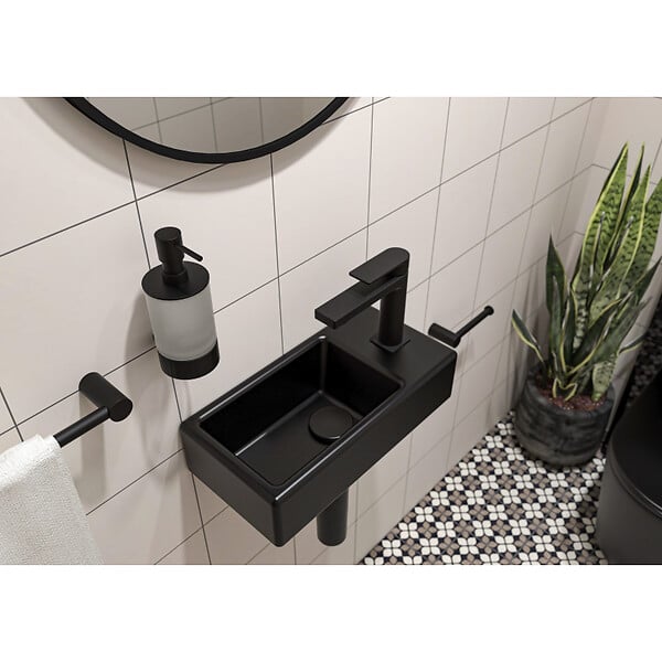 SWISS AQUA TECHNOLOGIES - Swiss Aqua Technologies Lave-mains suspendu Brevis Noir 40,5 × 20,5 × 10,5 cm – trou de robinetterie à droite (SATBRE4020SRBKM) - large