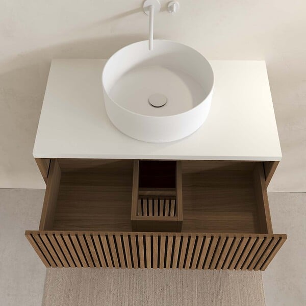 AURLANE - Meuble Salle de Bains 60 2 Tiroirs Décor Chêne et Noir - Vasque et Plan Blancs - Miroir Ovale - large