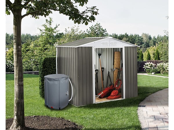 HABITAT ET JARDIN - Abri jardin métal "Dallas" - 4.07 m² avec gouttière et récupérateur d'eau - Taupe - large