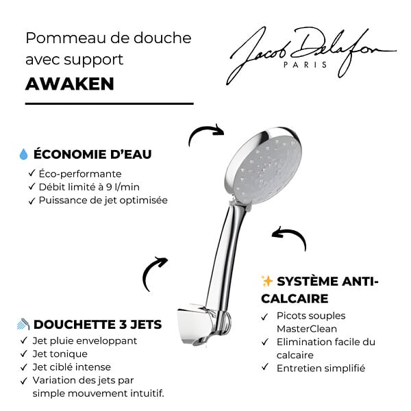 JACOB DELAFON - Douchette 3 jets Awaken organic avec support - large