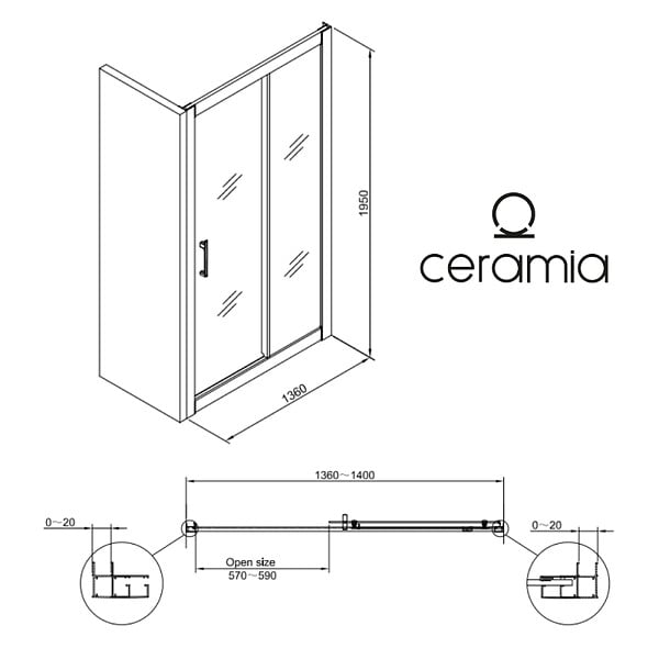 CERAMIA - Ceramia PURA Porte de douche 140x195cm coulissante anticalcaire avec profilés Chrome brillant (CERAHP140C) - large