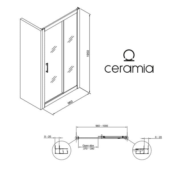 CERAMIA - Ceramia PURA Porte de douche 100x195cm coulissante anticalcaire avec profilés Noir mat (CERAHP100B) - large