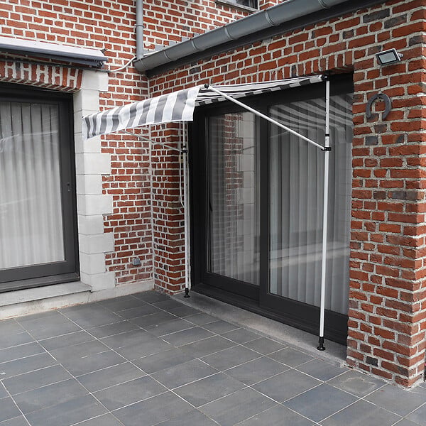 HAPPY GARDEN - Store banne pour balcon CHENE 2 × 1,2m - Toile rayée blanche/grise et structure blanche - large