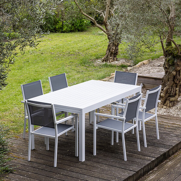 HAPPY GARDEN - Salon de jardin extensible 10 places de 180/300cm en textilène gris - aluminium blanc VENEZIA - large
