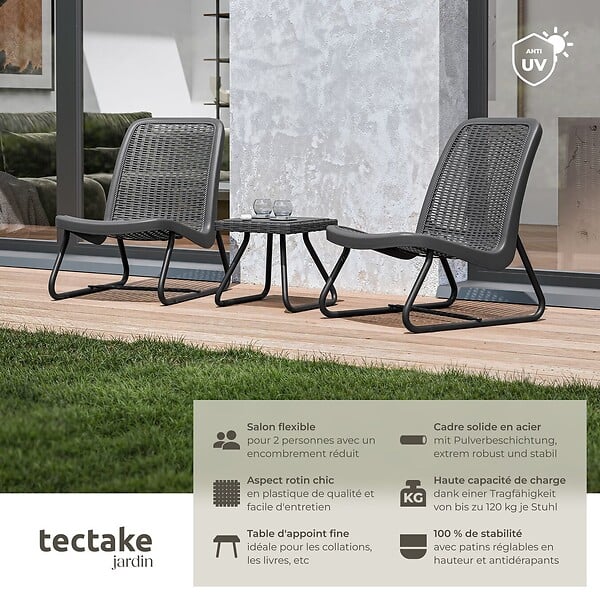 TECTAKE - Salon Modica façon rotin pour 2 personnes, ergonomique gris - large