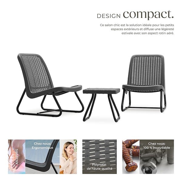 TECTAKE - Salon Modica façon rotin pour 2 personnes, ergonomique gris - large