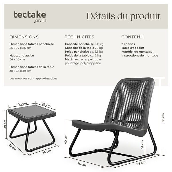 TECTAKE - Salon Modica façon rotin pour 2 personnes, ergonomique gris - large