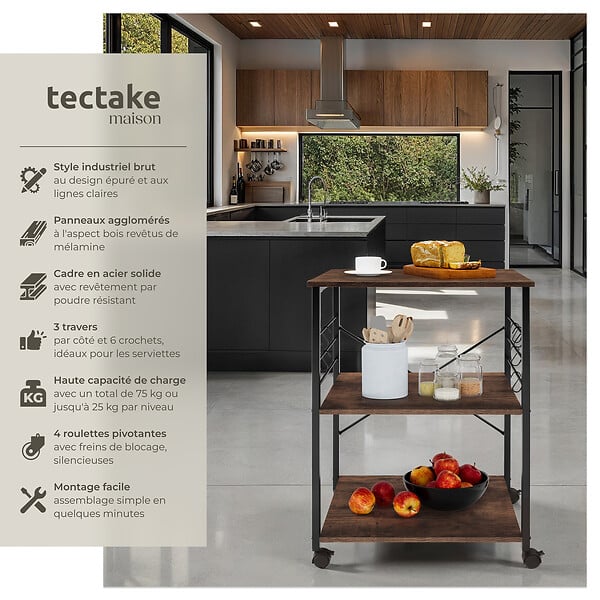 TECTAKE - Chariot de service Rugby 65,5x45,5x88,5cm Bois foncé industriel, rustique - large