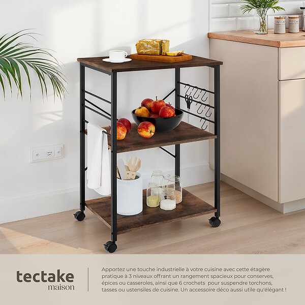 TECTAKE - Chariot de service Rugby 65,5x45,5x88,5cm Bois foncé industriel, rustique - large