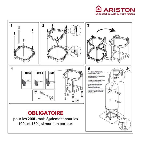 ARISTON - Trépied Universel Ajustable pour Chauffe-eau de 100 à 200L - Compatible TOUTES MARQUES - Ø513-530-560 mm - ARISTON - 4090027 - large