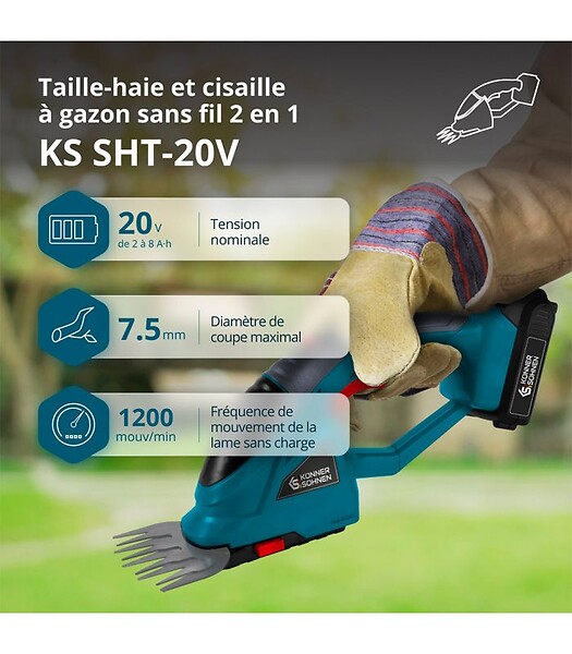 KONNER SOHNEN - Taille-haie et cisaille à gazon 2 en 1 sans fil avec manche télescopique Könner & Söhnen KS SHT-20V + Extension Pole - large