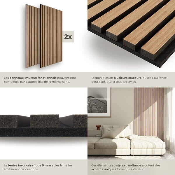 TECTAKE - Panneaux acoustiques muraux chêne en MDF placage bois véritable 120x60x2.1cm absorption sonore isolation phonique design scandinave - large