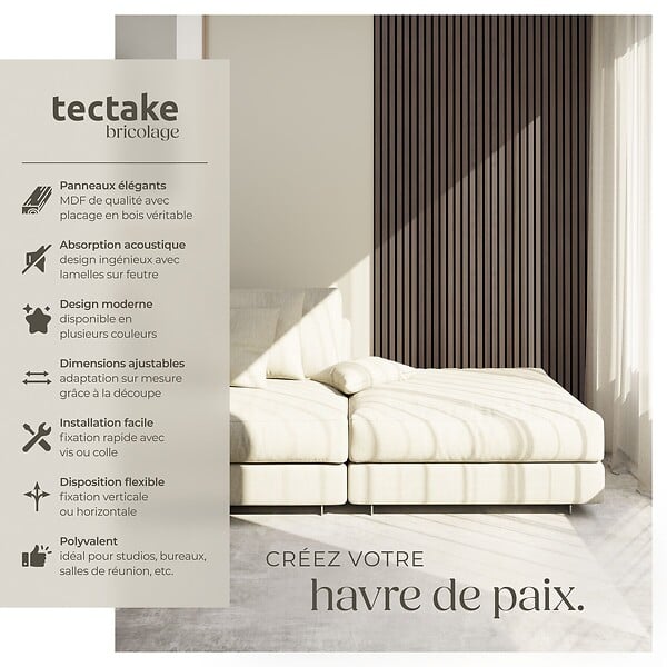 TECTAKE - Panneaux acoustiques insonorisants chêne gris 110x50cm en MDF placage bois isolation phonique décoratifs muraux absorbeur sonore 2 pièces - large