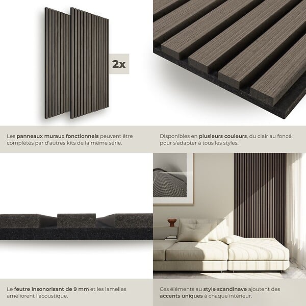TECTAKE - Panneaux acoustiques insonorisants chêne gris 110x50cm en MDF placage bois isolation phonique décoratifs muraux absorbeur sonore 2 pièces - large