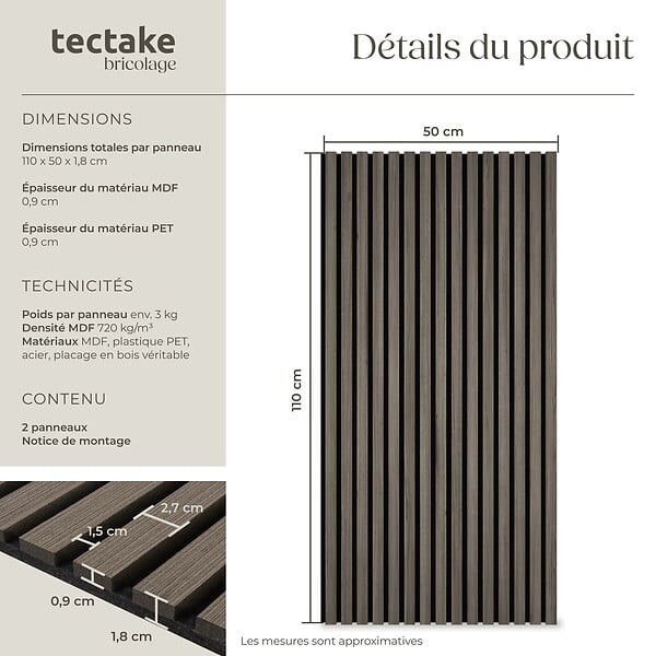 TECTAKE - Panneaux acoustiques insonorisants chêne gris 110x50cm en MDF placage bois isolation phonique décoratifs muraux absorbeur sonore 2 pièces - large