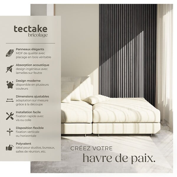 TECTAKE - Panneaux acoustiques aspect bois chêne noir en MDF placage véritable 110x50cm isolation phonique absorption anti-bruit insonorisants - large
