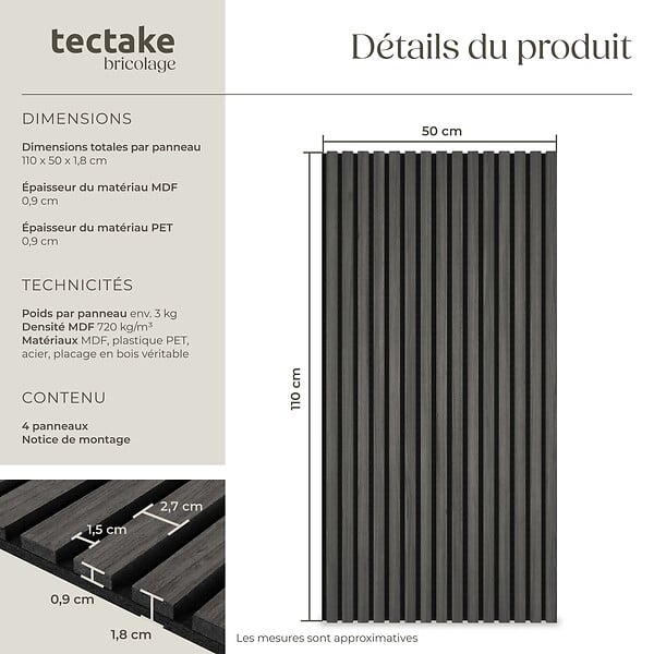 TECTAKE - Panneaux acoustiques aspect bois chêne noir en MDF placage véritable 110x50cm isolation phonique absorption anti-bruit insonorisants - large
