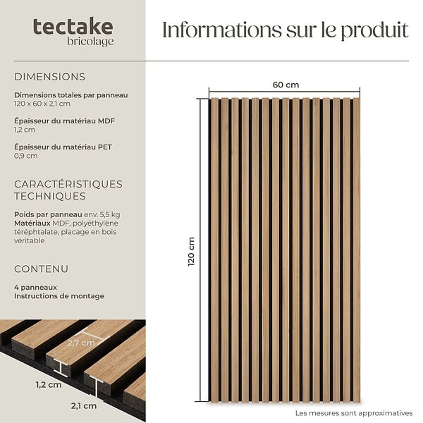 TECTAKE - ensemble 4 panneaux acoustiques en mdf en bois chêne marron 120x60x2 cm décor scandinave - large