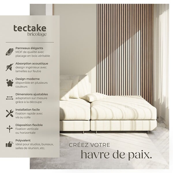 TECTAKE - Panneaux acoustiques décoratifs en MDF placage bois chêne clair 110x50x1.8cm lot 4 pièces absorption phonique isolation sonore mural - large