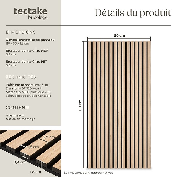 TECTAKE - Panneaux acoustiques décoratifs en MDF placage bois chêne clair 110x50x1.8cm lot 4 pièces absorption phonique isolation sonore mural - large