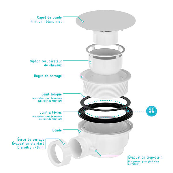 AURLANE - Bonde de Receveur Diamètre 90 mm - Capot blanc mat - Evacuation Horizontale - large