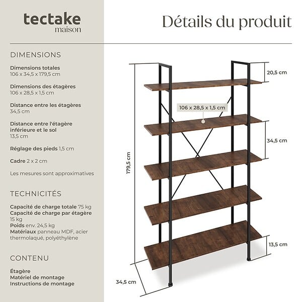 TECTAKE - Etagère bibliothèque GLASGOW style industriel 106 x 34,5 x 179,5 cm Bois foncé industriel, rustique - large