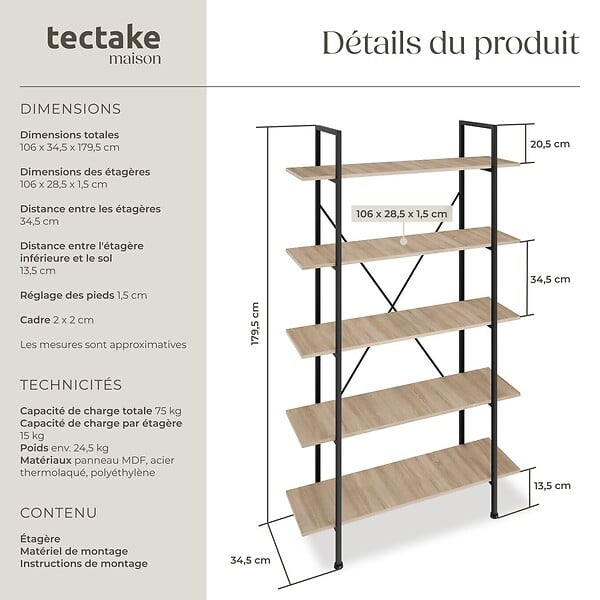 TECTAKE - Etagère bibliothèque GLASGOW style industriel 106 x 34,5 x 179,5 cm Bois clair industriel, Chêne Sonoma - large