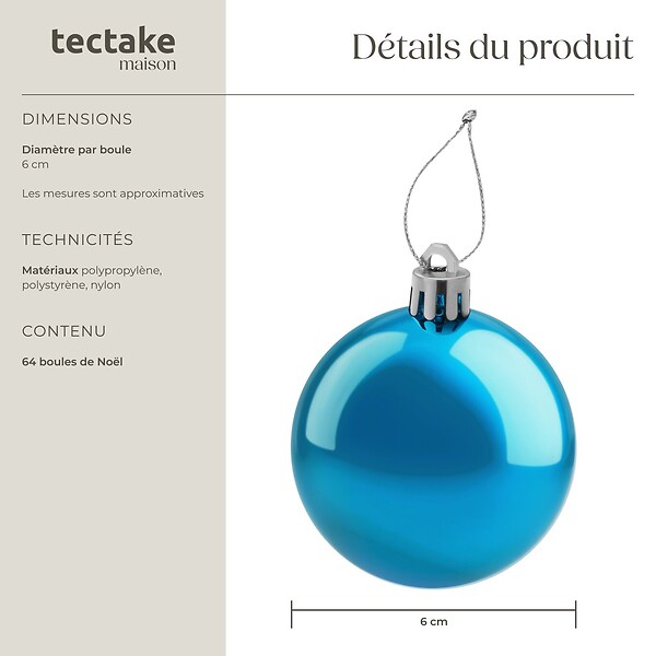 TECTAKE - Lot de 64 boules de Noël argentées et bleues argentées/bleues - large