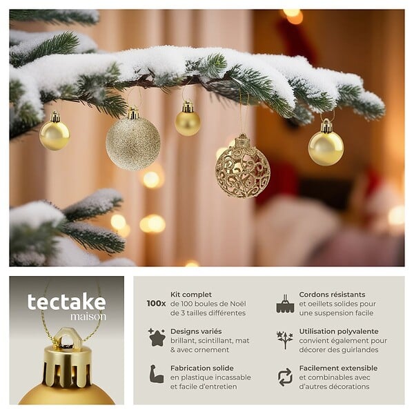 TECTAKE - Lot de 100 boules de Noël dorées assorties jaune or - large