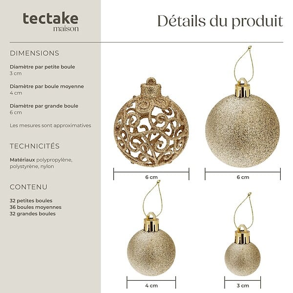 TECTAKE - Lot de 100 boules de Noël dorées assorties jaune or - large