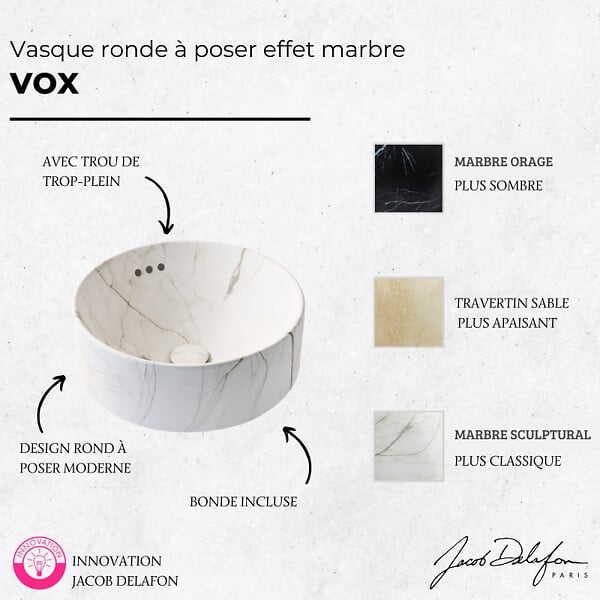 JACOB DELAFON - Vasque ronde à poser Vox marbre blanc sculptural + bonde - large