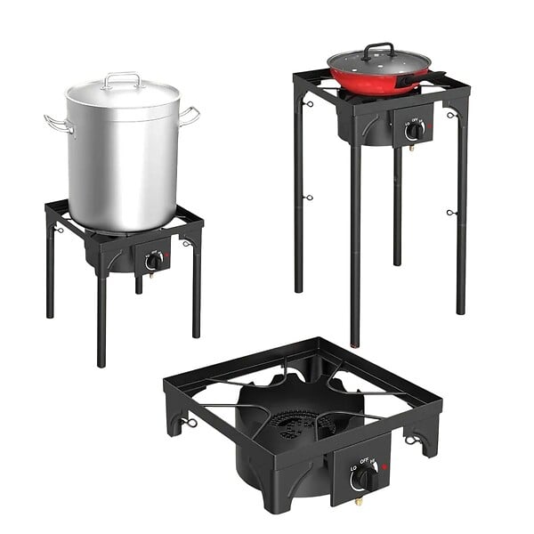 INTEC - Réchaud à Gaz 1 feu 4500W 4 pieds modulables 3 Hauteurs Bruleur en fonte - Cuisine Extérieure 40 x 40 x H78cm Allumage Piezo - large