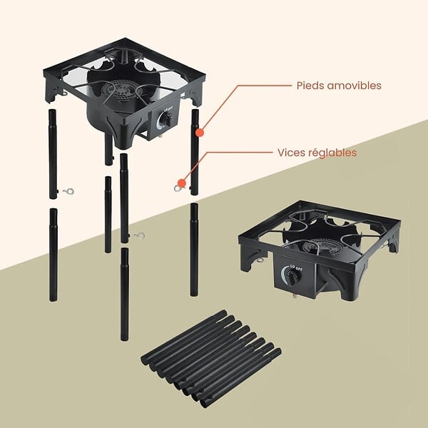 INTEC - Réchaud à Gaz 1 feu 4500W 4 pieds modulables 3 Hauteurs Bruleur en fonte - Cuisine Extérieure 40 x 40 x H78cm Allumage Piezo - large