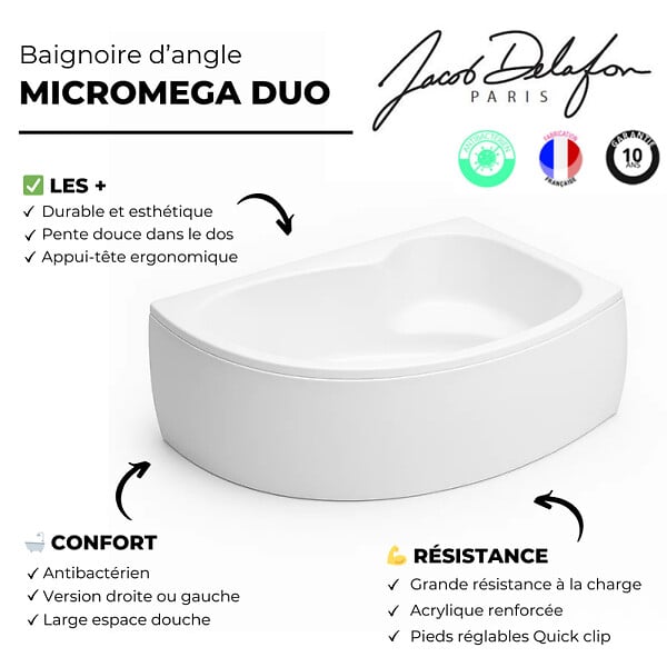 JACOB DELAFON - Pack baignoire d'angle 150 x 100 cm Micromega Duo version droite  + tablier de baignoire - large