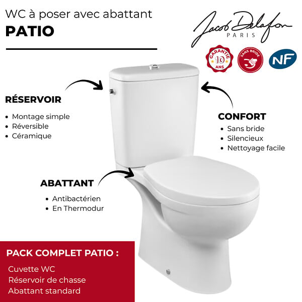 JACOB DELAFON - WC à poser sans bride sortie horizontale Patio avec abattant standard - large
