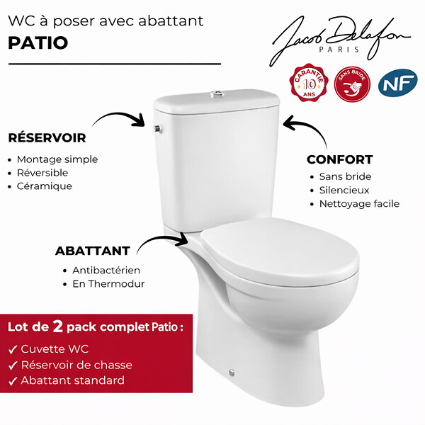 JACOB DELAFON - Lot de 2 WC à poser sans bride Patio + abattant - large