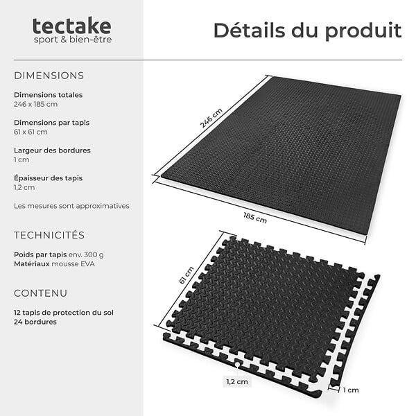 TECTAKE - Ensemble de 12 Dalles Carrées EVA - Tapis de sol, Sport noir - large