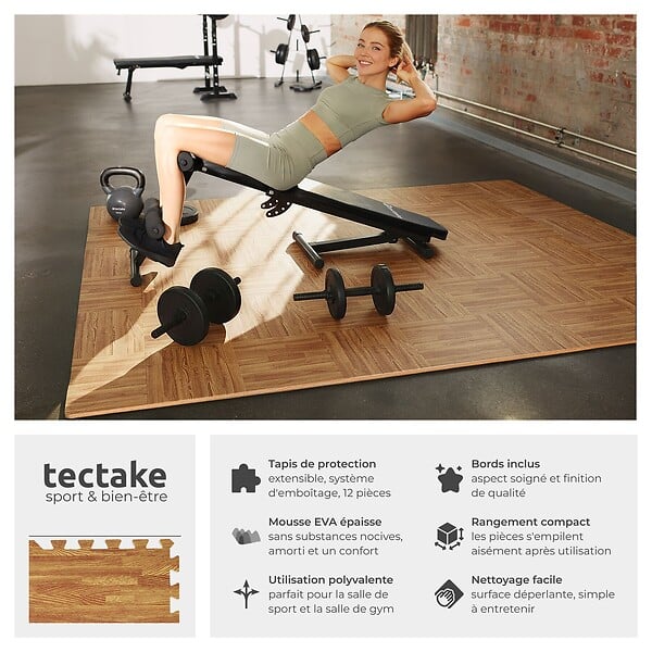 TECTAKE - Ensemble de 12 Dalles Carrées EVA - Tapis de sol, Sport imprimé bois - large