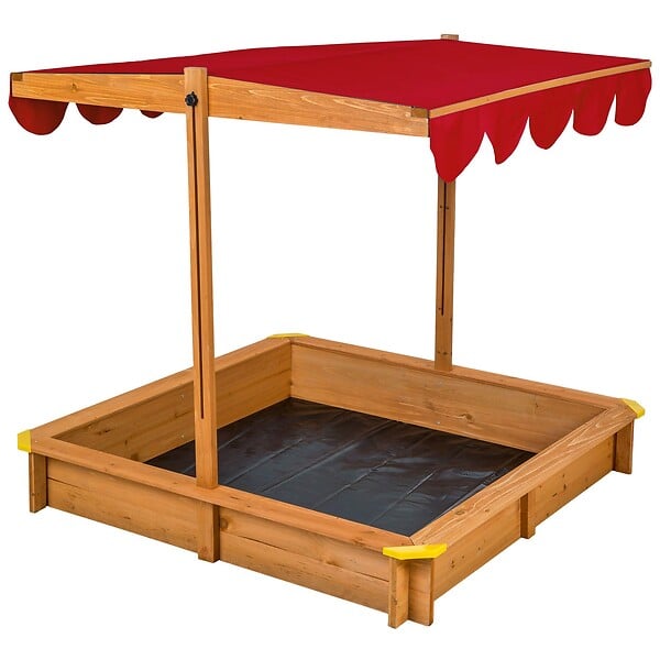 TECTAKE - Bac à Sable de Jardin Enfant en Bois avec 1 Toit et 1 Bâche 120x120x120cm rouge - large